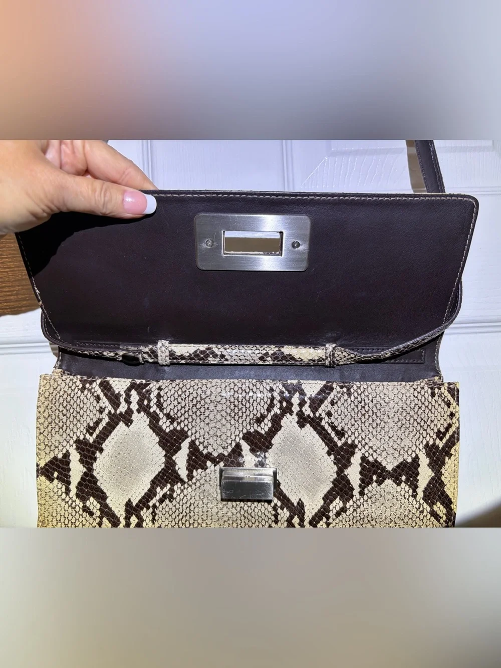 Donald J Pliner Snakeskin & Leather Clutch Cutch Removable Strap & Dust Cover